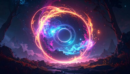 Vibrant cosmic portal in a mystical forest landscape
