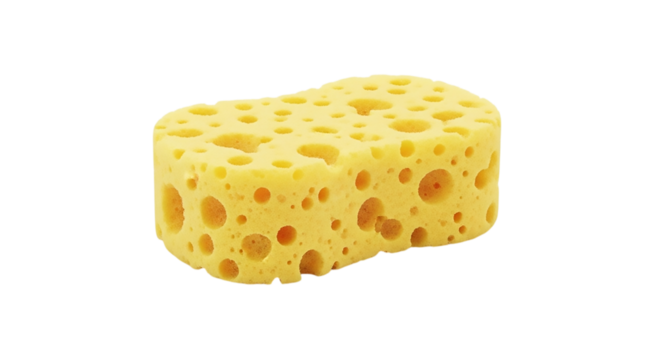 Yellow kitchen sponge with visible pores isolated on a for cleaning and household tasks transparent background