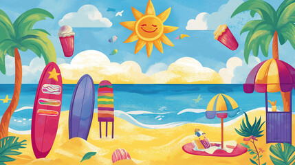 Colorful beach illustration with surfboards, bright sun, palm trees and a colorful candy store. The sandy beach is filled with colorful umbrellas, cupcakes and beach toys under a fun summer sky.