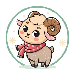 Adorable Chibi Baby Urial Wild Sheep Lamb Wearing a Colorful Sprinkle Scarf, Cute Kawaii Animal Illustration Filled With Whimsy, Sweet Fantasy Charm, and Playful Cartoon Joy