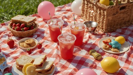 A delightful summer picnic spread on a classic red and white checkered blanket with iced tea, sandwiches, and fresh fruit in a sunny park