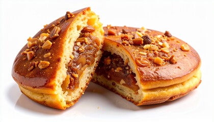 Korean Sweet Pancake Hotteok with Caramel and Nuts on White Background