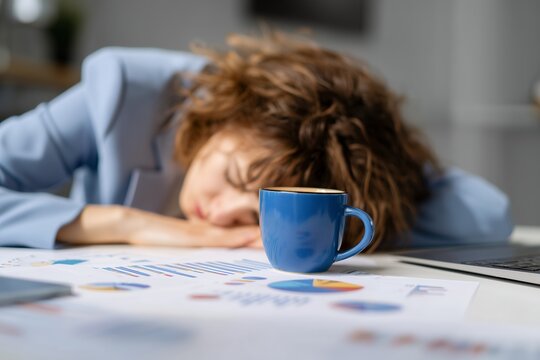 Tired woman with head down on desk with coffee cup and financial charts nearby. Concept for exhaustion in workplace, burnout syndrome and decreased productivity in office - Powered by Adobe