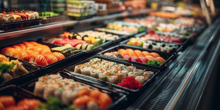 Various sushi rolls and nigiri arranged in black trays inside a refrigerated display case, concept for restaurant menu, Japanese cuisine promotion and culinary arts visual