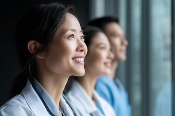 Fototapeta premium Smiling medical team looking out the window, with hope and inspiration, concept for healthcare professional growth, collaborative medical research and hospital staff wellbeing