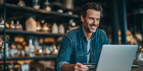 Fototapeta premium Smiling mature man in denim shirt holds a credit card while using a laptop in a cafe. Concept for online banking, e-commerce solutions and financial technology promotions