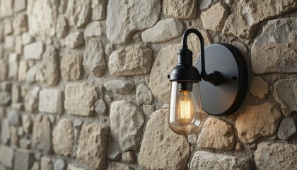 Elegant modern black outdoor wall sconce with warm Edison bulb illuminates textured natural stone facade, creating inviting ambiance for home exteriors and architectural design inspiration