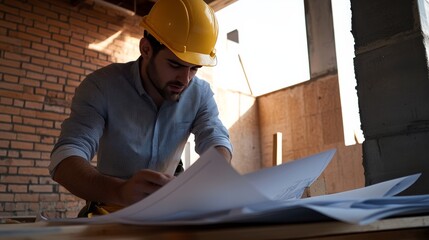 Construction site worker analyzing blueprints in urban setting architectural documentation industrial environment focused perspective