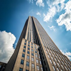 Tall Skyscraper Building Against Blue Sky and Clouds