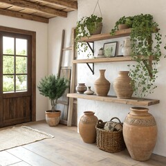 Rustic Interior Design with Clay Pots, Plants, and Wooden Shelves