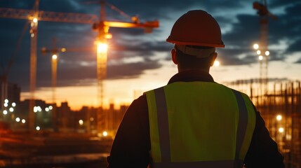 Construction worker overseeing project at sunset urban landscape professional photography industrial environment side view workforce dynamics