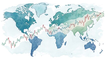 Blue Watercolor World Map with Stock Market Analysis Graph