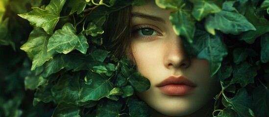 A Woman's Face Partially Hidden by Lush Green Ivy