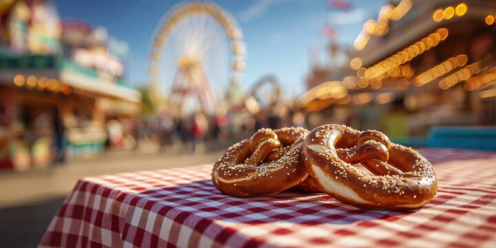 Delicious Soft Pretzels on a Checkered Tablecloth at a Vibrant Fairground with Ferris Wheel in Background, Perfect for a Day of Fun and Food