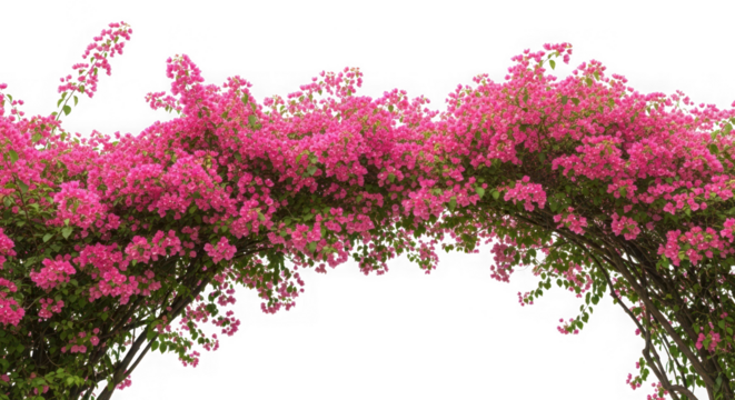 Archway covered with vibrant pink bougainvillea flowers isolated on transparent background