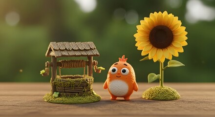 A charming scene featuring a cute orange bird figurine standing beside a miniature wishing well and a vibrant sunflower on a wooden surface, creating a whimsical and cheerful atmosphere
