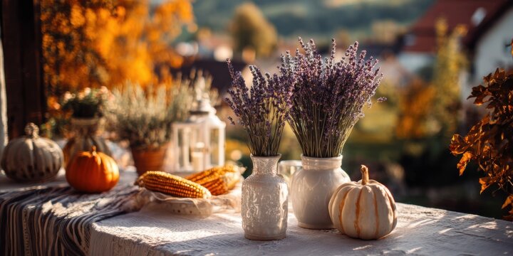 A Cozy Autumn Scene Featuring Fresh Lavender, Pumpkins, and Harvest Decor on a Rustic Table Surrounded by Nature's Fall Colors