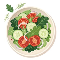 Fresh Green Salad with Cucumbers, Tomatoes, and Onion Illustration