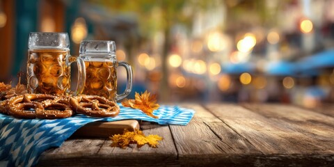 Fototapeta premium A Cozy Autumn Gathering: Refreshing Beer Mugs and Salted Pretzels on a Rustic Wooden Table with a Warm Background
