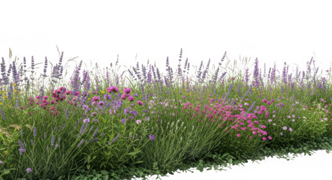 A lush border of lavender and pink flowers with green foliage, isolated on transparent background