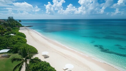 An aerial view of a tropical beach with turquoise water, white sand, and palm trees.