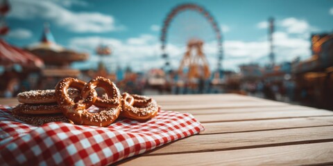 Delicious Pretzels Piled High on a Picnic Cloth with a Vibrant Amusement Park Backdrop and Ferris Wheel Under Clear Blue Sky