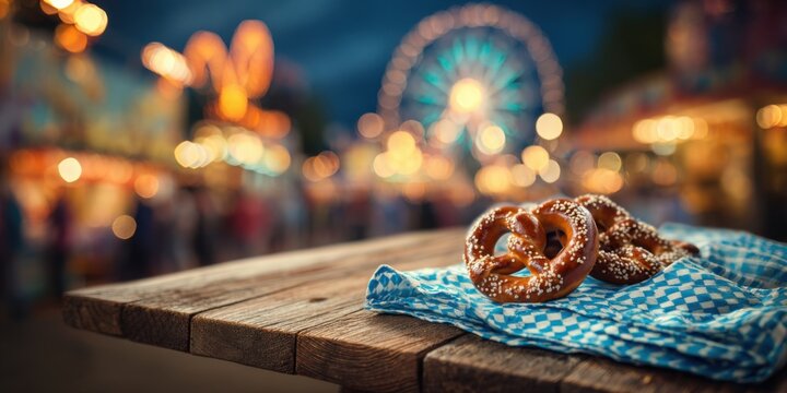 Delicious Pretzels on a Wooden Table with a Vibrant Fairground in the Background Illuminated by Colorful Lights