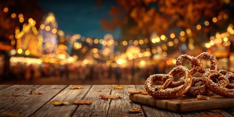 Delicious Soft Pretzels on a Wooden Board with a Festive Background of Bright Lights and Autumn Leaves at a Jolly Holiday Market