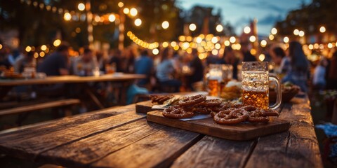 Obraz premium A Lively Outdoor Gathering at Dusk Featuring Delicious Pretzels and Refreshing Beverages Surrounded by Twinkling Lights and a Joyful Atmosphere