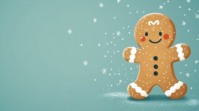 Cute gingerbread man clip art illustration with broken leg on light blue background