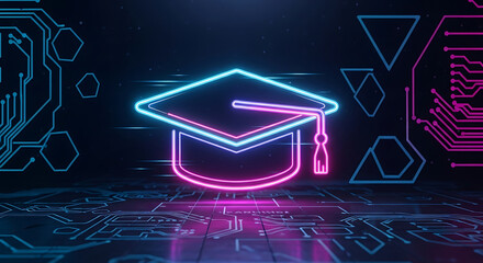 A glowing graduation cap with circuit board patterns symbolizes the future of education and technology in a digital learning environment