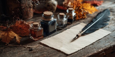 A Rustic Writing Desk with Ink Bottles and Quill Pen Surrounded by Autumn Leaves for Artistic Expression and Creative Reflection