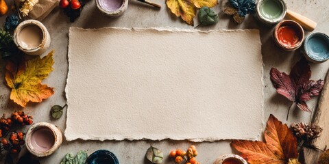A Vibrant Artistic Arrangement of Paints and Nature's Bounty Surrounding a Blank Canvas Ready for Creative Expression