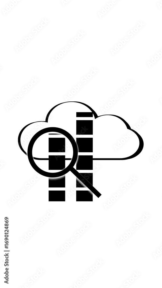 Poster vertical video featuring cloud data research concept with magnifier and towers. data cloud research 
