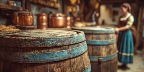 Behind the Scenes of Rustic Cuisine: A Glimpse into Traditional Culinary Practices with Wooden Barrels and Vintage Utensils