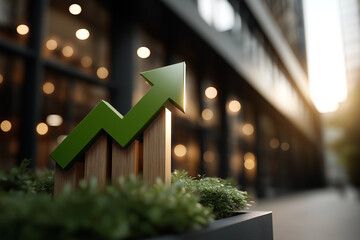 Tall building with green arrow graphic
A modern skyscraper with a giant green arrow rising along the building, symbolizing the company's growth, against a clean city backdrop.