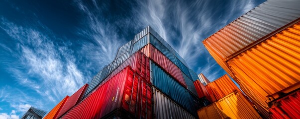 Colorful shipping containers stacked high against a vibrant blue sky with wispy clouds, concept for global logistics, supply chain solutions and international trade