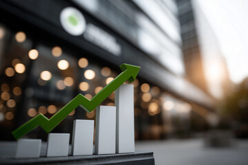 Tall building with green arrow graphic
A modern skyscraper with a giant green arrow rising along the building, symbolizing the company's growth, against a clean city backdrop.