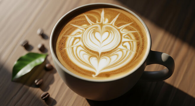 Closeup of a cappuccino with latte art in a white cup on a wooden table, coffee beans and a green leaf, creating a warm and inviting atmosphere