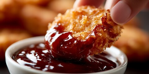 Close-up of a crispy chicken nugget being dipped into barbecue sauce held by fingers, concept for fast food photography, culinary blog, and food service promotion
