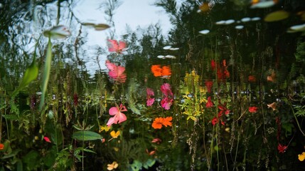 Abstract Water Reflection of Flowers and Foliage
