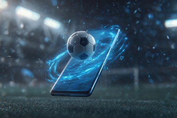 A soccer ball floats above a glowing smartphone on a stadium field with blue energy effect, concept for sports app promotion, online betting platform and interactive game design
