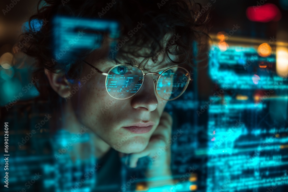 Poster young man with glasses looking at data code reflected, concept for cybersecurity analysis, software 