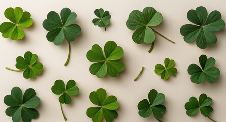 Abstract Clover Arrangement, Green on Beige, Natural Textures and Leaf Shapes.