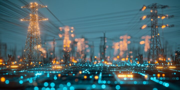Electric power transmission towers at dusk with glowing network lines in foreground, concept for energy infrastructure, smart grid development and digital communication networks