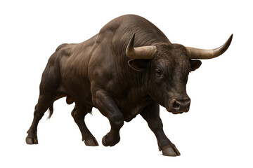 Obraz premium Charging Brown Bull with Horns Isolated on Transparent Background
