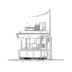 Illustration of a detailed street food stall vendor shop kiosk black and white line art drawing design