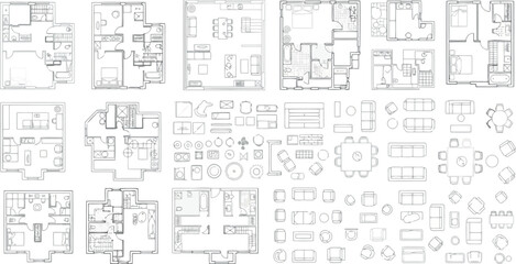 Vector vector art of collection of handdrawn floor plan sketches with furniture layout options transparent background © SampaRani