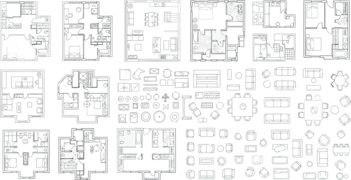 Vector vector art of collection of handdrawn floor plan sketches with furniture layout options transparent background