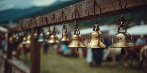 Obraz premium A Close-Up View of Beautifully Crafted Bells Hanging in a Rustic Setting Surrounded by Nature and People Engaged in Festivities